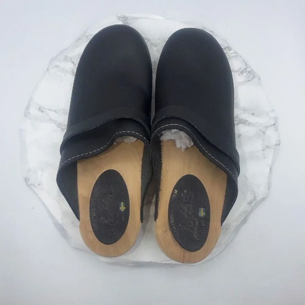 LOTTA’S From Stockholm Swedish Black Leather and Wooden Clogs-EUR 44/US Women’s
